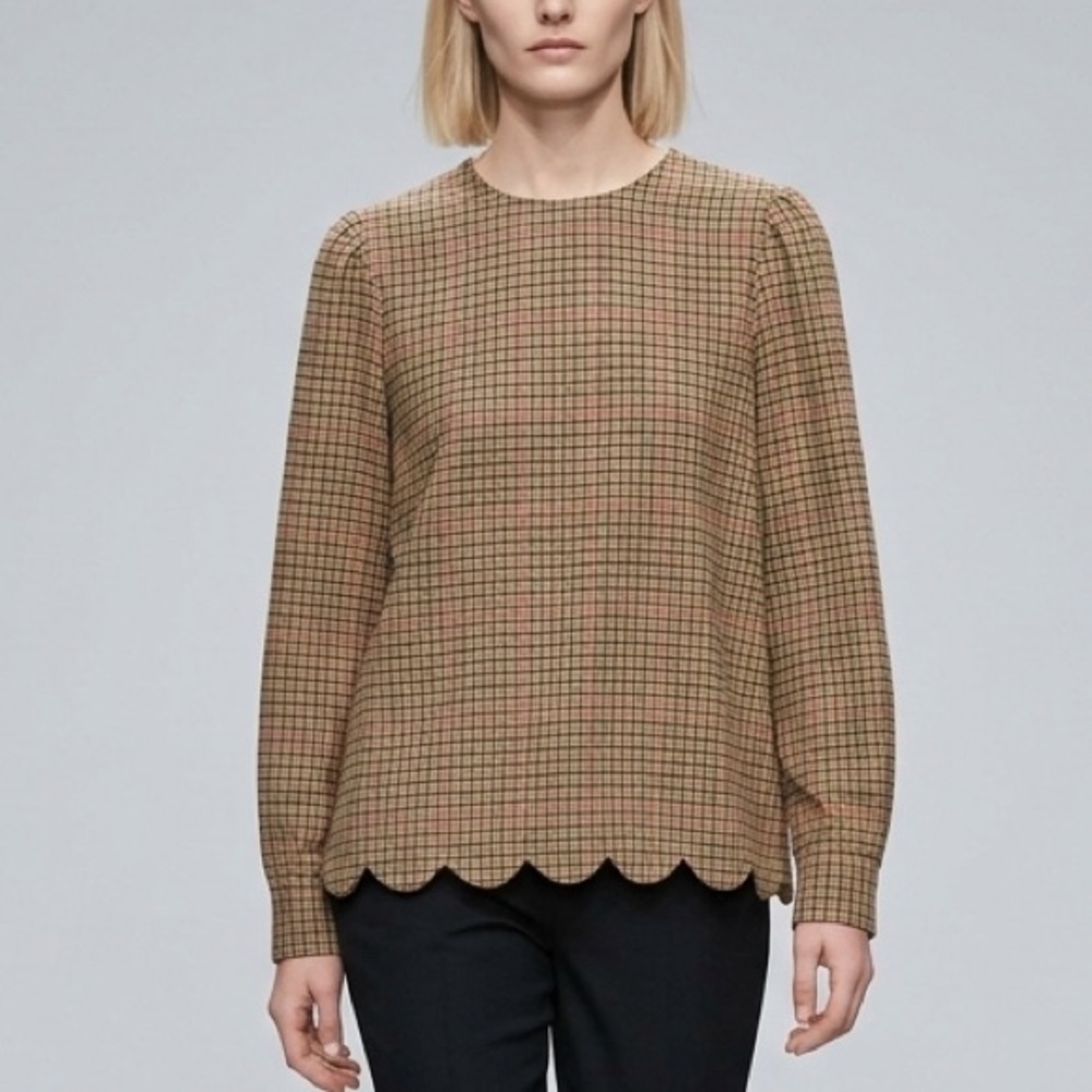 NEW St. Johns Bay Plaid Blouse Scalloped Hem Medium Brown Red Top Vintage Style
